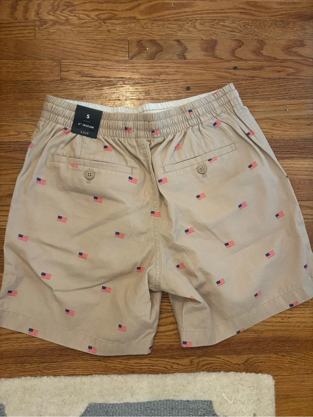 J. Crew Tan Shorts with Red & Blue Flag Motif